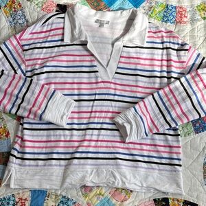 Talbots White Long-Sleeve Polo Top with Pink & Blue Stripes